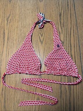 Volcom striped blue and red bikini top features a triangle halter design